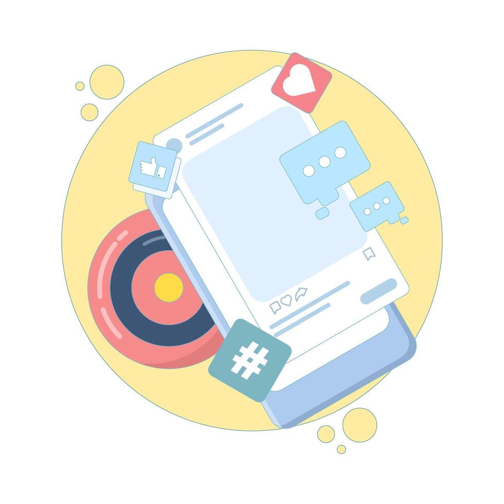 Targeted content concept. Social media engagement ideas. Social media and digital marketing, Growth of likes, comments and online followers. Flat cartoon style design illustration on background. vector