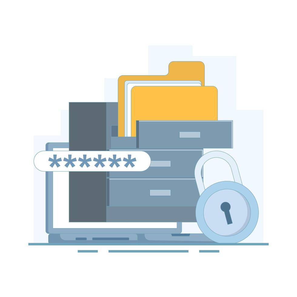 Online Storage Concept, storing Files and folders on online server, Safer online storage space, document files, management files, secure database, Flat design illustration in background. vector