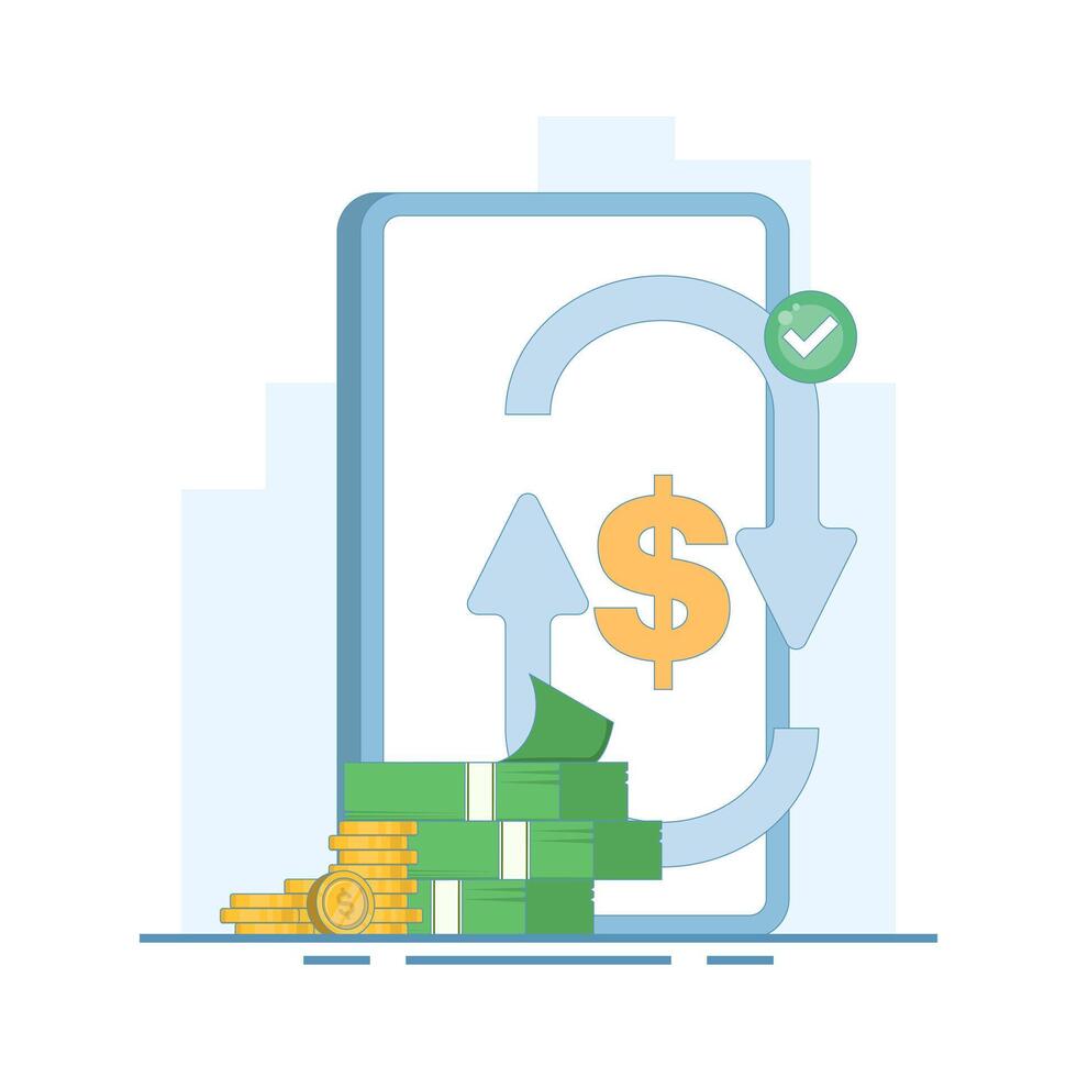 Money Transfer Concept. Send or receive payments, mobile transfer payments, money transfer, transaction payments, financial tracking solutions, bank savings accounts. Flat design illustration. vector