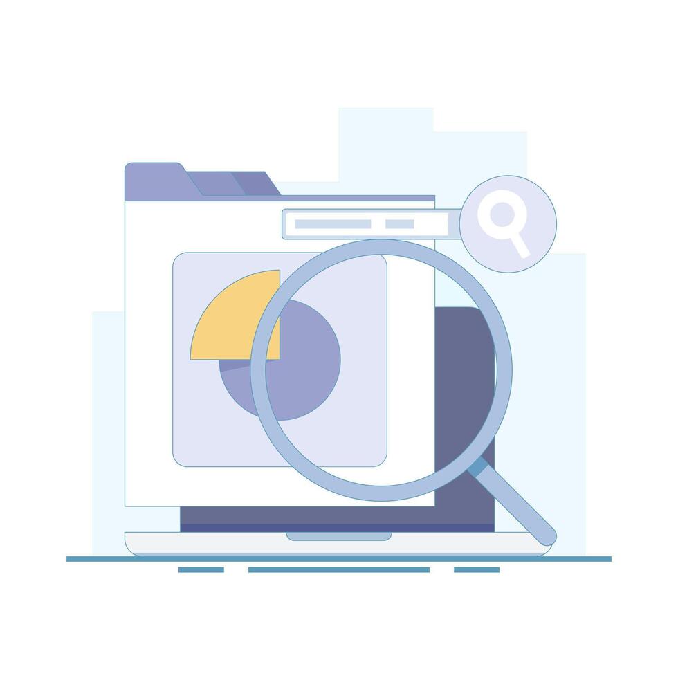 Illustration of Laptop with data analysis tools. Marketing campaign analysis, Website traffic data analysis, SEO report with data graphs and charts, Data analysis software. illustration. vector