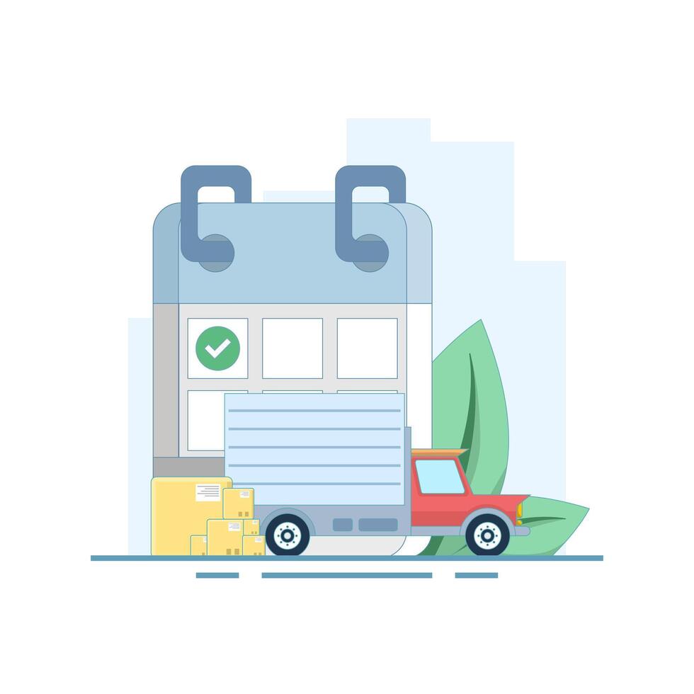 Delivery By Date Concept. Delivery schedule with trucks and calendar. Delivery tracking system receives data. Estimated delivery date on e-commerce site for customers to see. Design illustration. vector