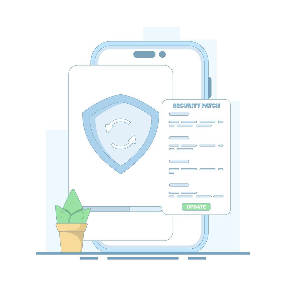 Smartphone Security Data Update Concept for Cyber Security. Phone undergoing security update, Device updating security, flat design illustration on white background vector