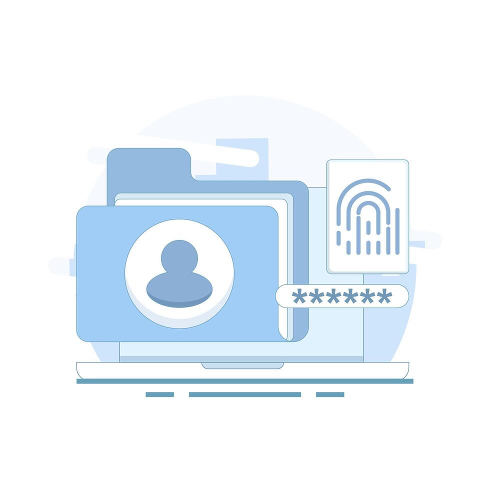 Illustration of locked file folder with password and fingerprint for privacy access. File security and safety. Folder lock app or software. Putting password on document. Flat design illustration. vector