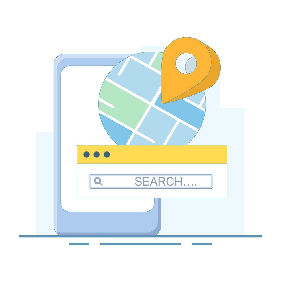 concept of finding location on map. Search Bar and Pin. GPS and Navigation Symbol. GPS Pointer Marker. Elements for Maps, Social Media, Mobile Apps. flat design illustration on background. vector