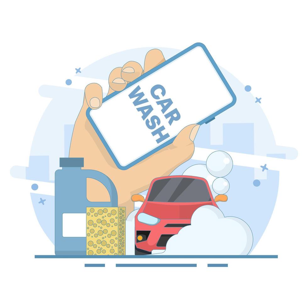 Car wash service smartphone app concept. Washing car with water and foam. The transport is clean. Flat and simple cartoon style. Design illustration in the background. vector