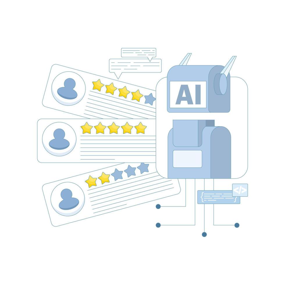 using AI to analyze feedback. analyzing customer reviews to improve product quality development. giving five-star reviews. using artificial intelligence for customer satisfaction. flat illustration vector