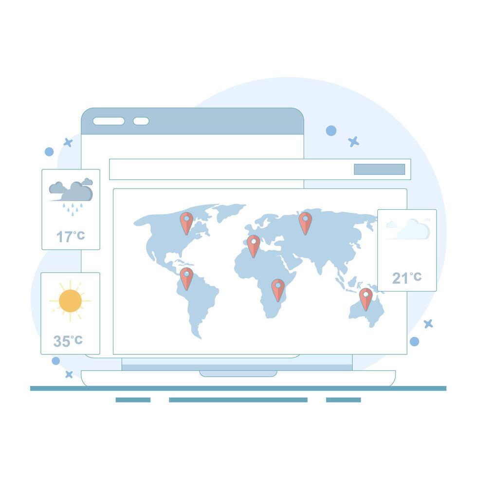 Online weather forecast concept. Weather with sun, clouds, thunderstorms, rain. Meteorology that studies and researches weather and climate conditions on earth. Meteorology science. flat design. vector