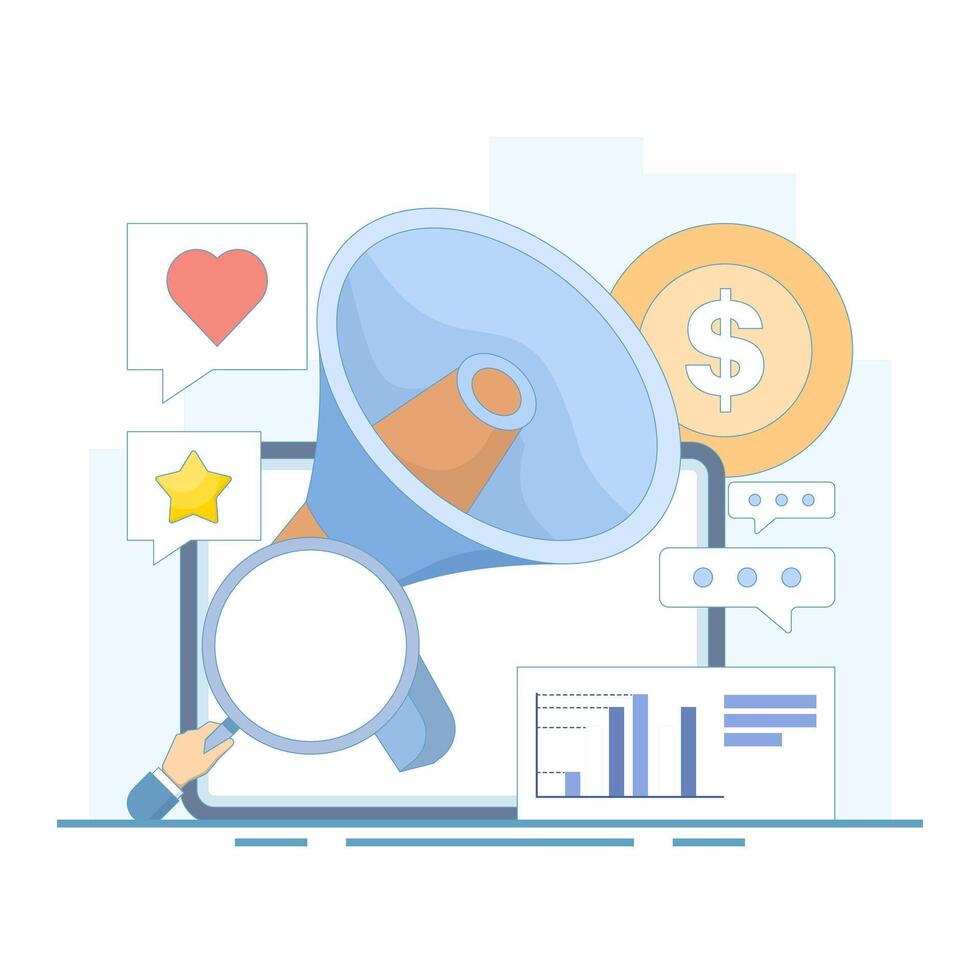 Concept of content creation and data analysis, content that can communicate with the audience. digital marketing, advertising and promotion. Flat cartoon design illustration. vector