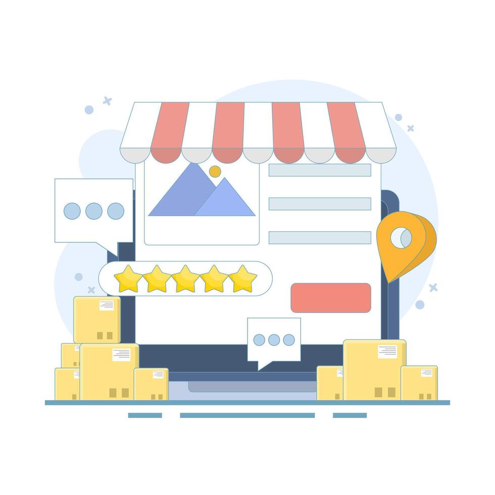 Business Rating and review concept, sending location based notifications to users. Geographic for Local Marketing. Local business SEO, Business listing with location pins. flat design. vector