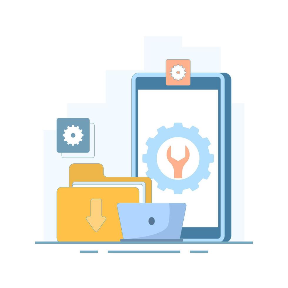 system maintenance, system errors and troubleshooting. System software is under maintenance. warning or maintenance. security or device that needs repair. flat cartoon illustration. vector