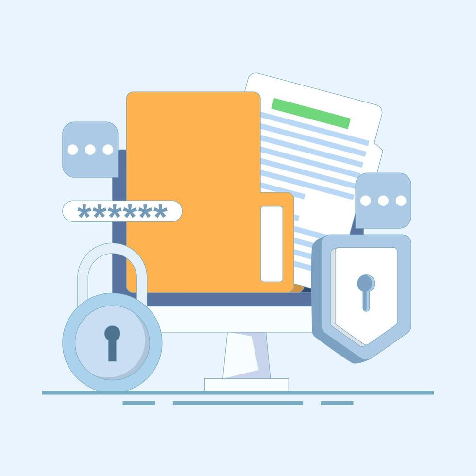 data protection concept, Documents protected by password encryption technology, personal and business document security with password verification and encryption technology. flat illustration. vector