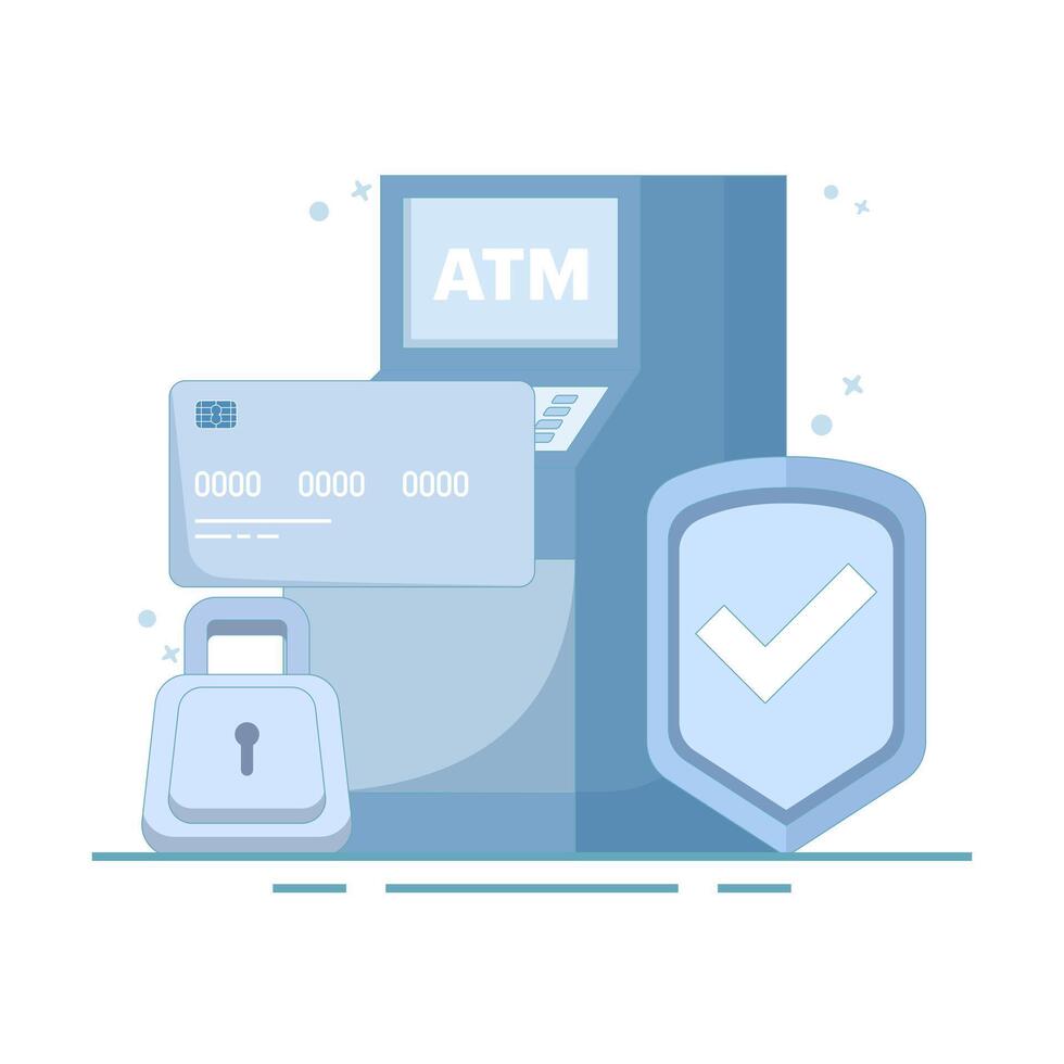 ATM card security system concept, protect card from theft and hacking. Account balance protection. Make online payments and secure banking passwords, lock accounts. Design illustration. vector
