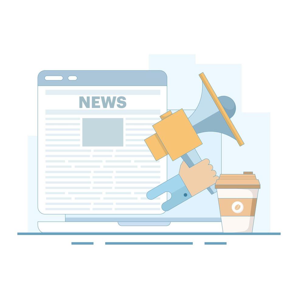 breaking news concept. reading news online using an app on a device. Newspaper on a mobile phone. urgency and attention. marketing, and advertising. Flat cartoon design illustration on a background. vector