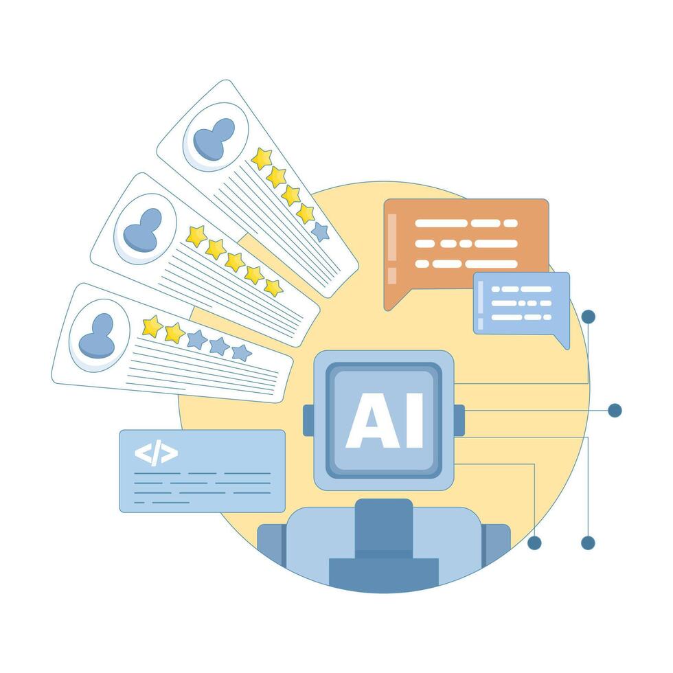 using AI to analyze feedback. analyzing customer reviews to improve product quality development. giving five-star reviews. using artificial intelligence for customer satisfaction. flat style design. vector