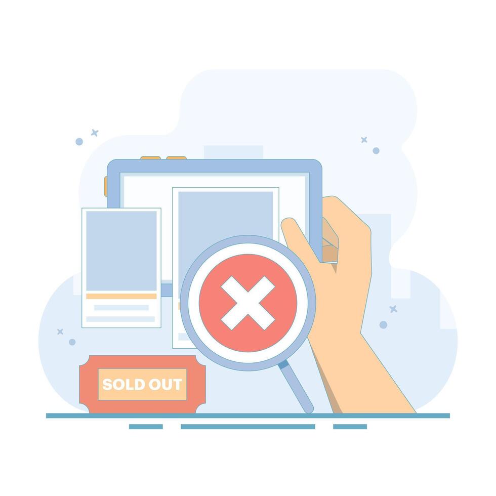 No ticket concept. Sold out events. Find popular events, Sold out tickets, full venues, overbooked, very popular festivals, popular shows, Online booking system. Flat design illustration on background vector