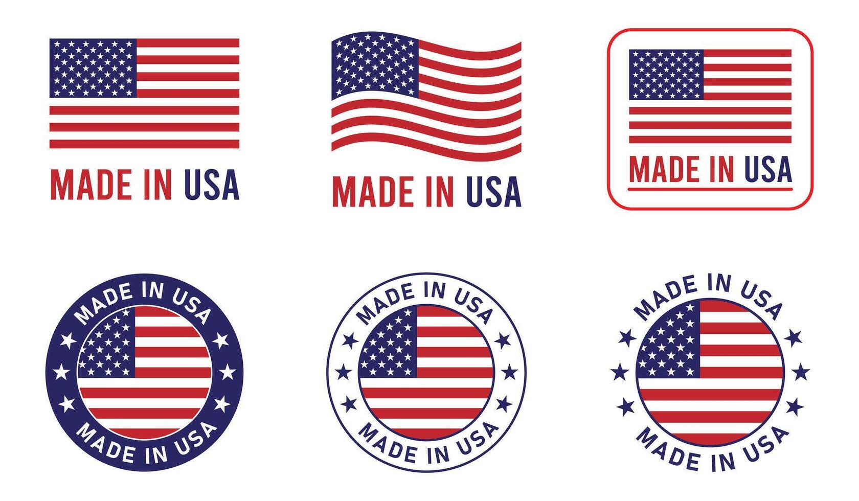 Made in USA label set. Big set of label, stickers, pointer, badge, symbol. Made in USA stamp with American flag icon on design. illustration. vector