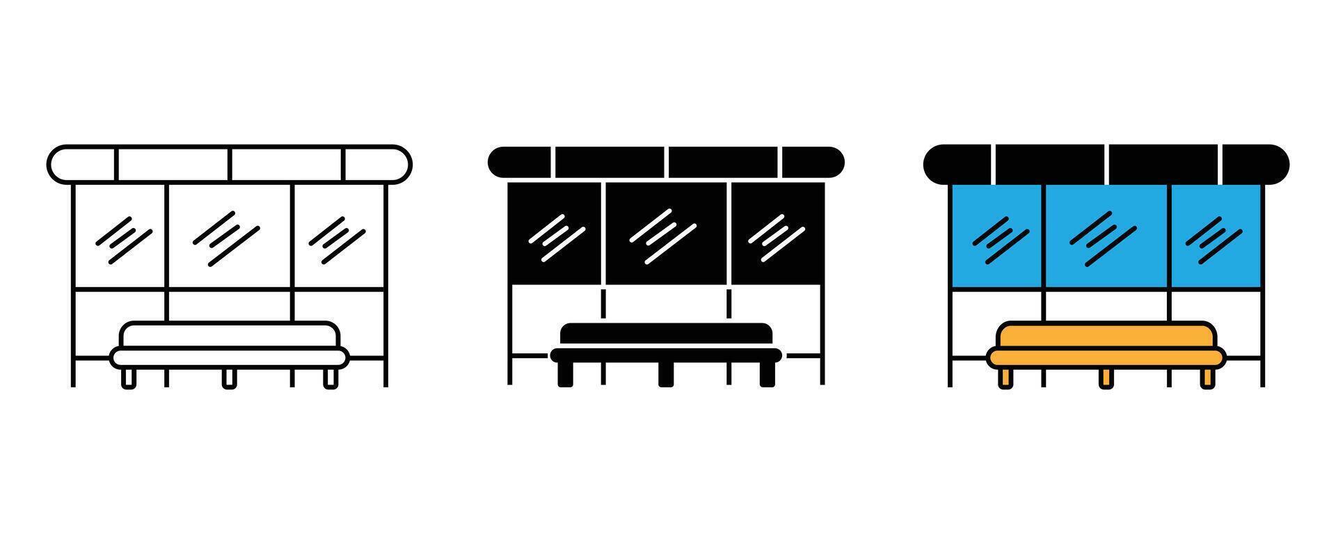 Bus stop icon set. bus stop and bench icon. Silhouette illustration vector