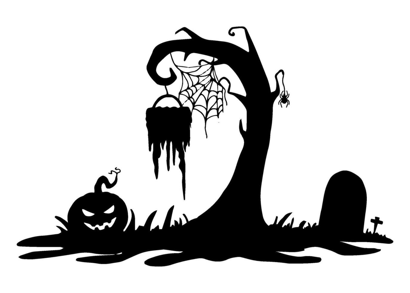 Silhouette curved tree with spider web, hanging sign with spider, ominous pumpkin, tombstone and cross on grassy ground. Halloween composition. Hand drawn graphic illustration. Simple black doodle vector