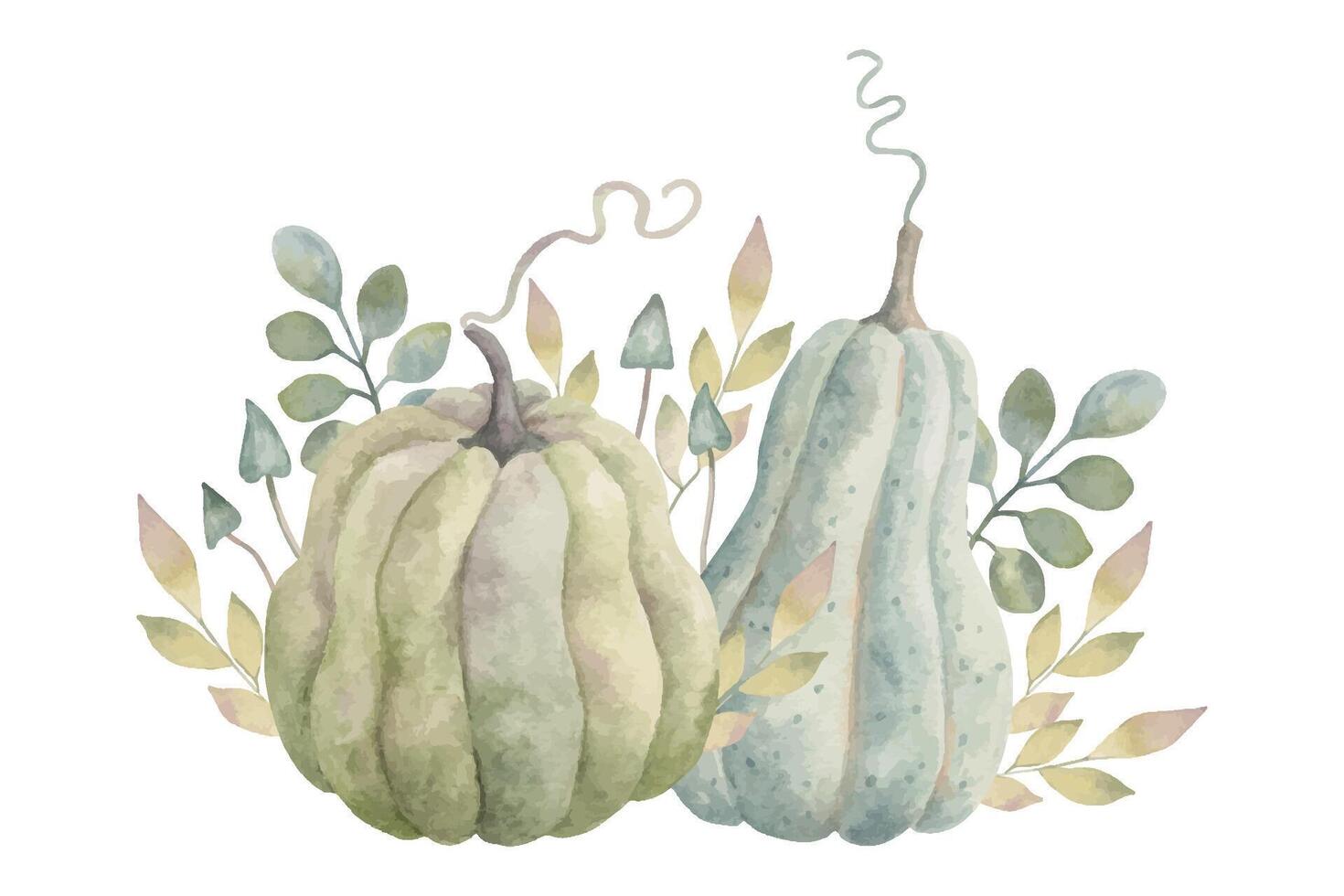 Pumpkin composition with leaves and mushrooms. Autumn botanical watercolor illustration. Hand drawn isolated art. Plants and vegetables. Clipart for seasonal holidays. Thanksgiving, Halloween vector