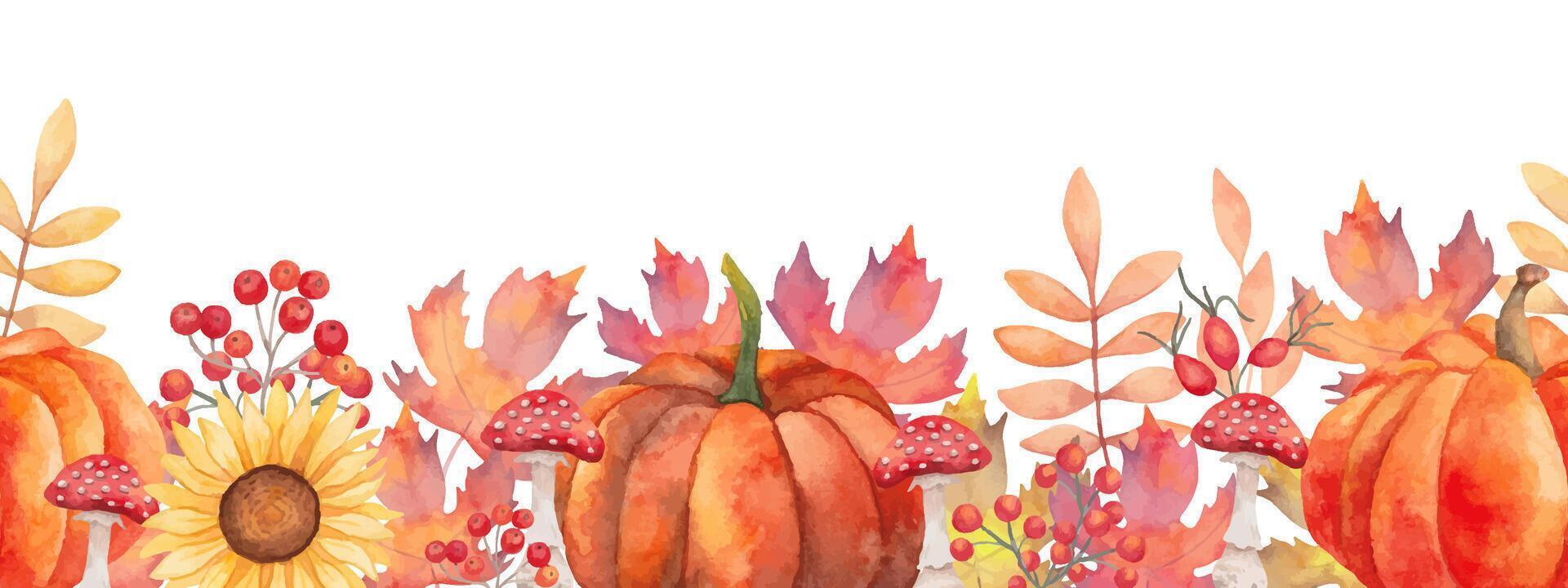 Autumn leaves with berries, pumpkins and mushrooms. Seamless bor vector