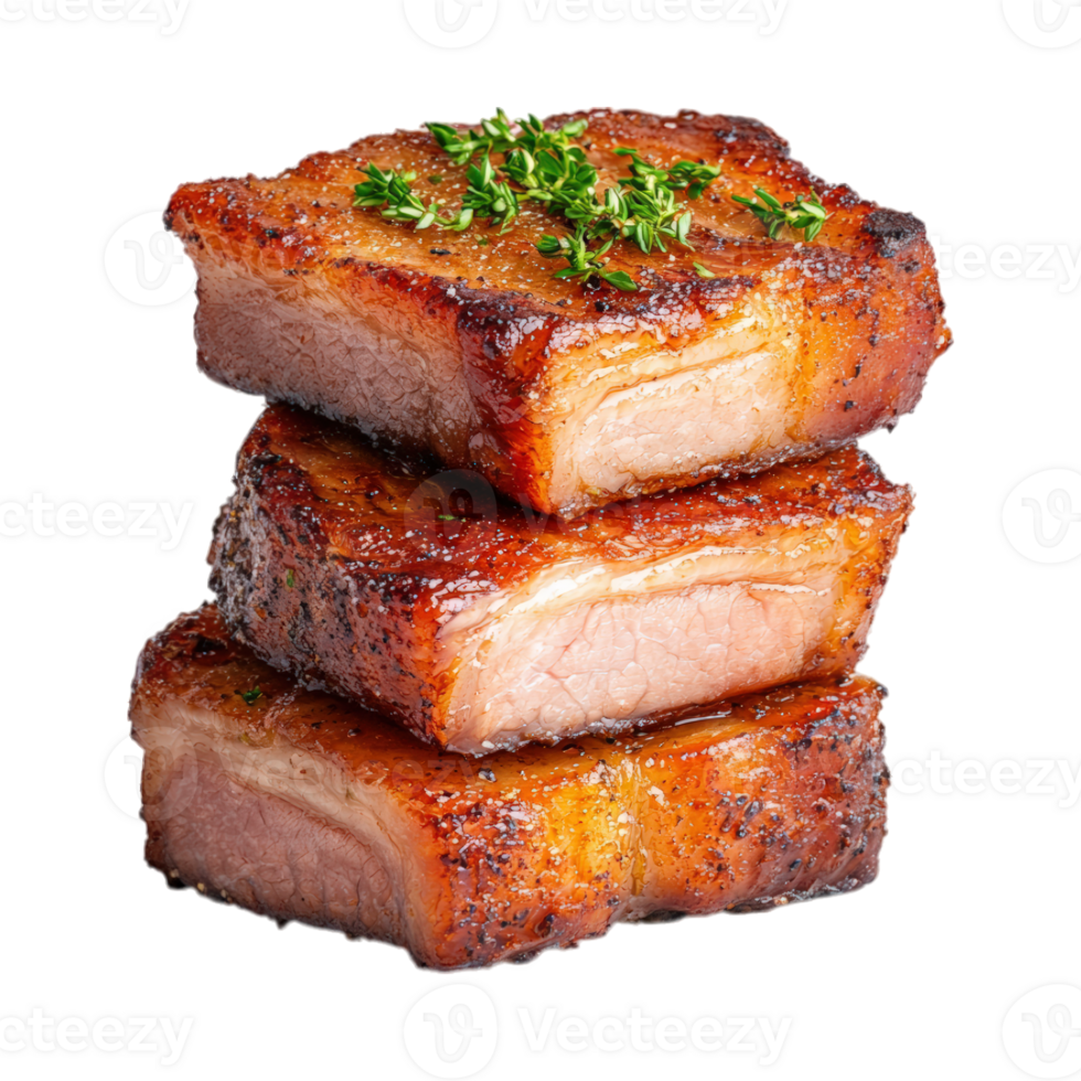 Perfectly cooked crispy pork belly with golden crust food photography png