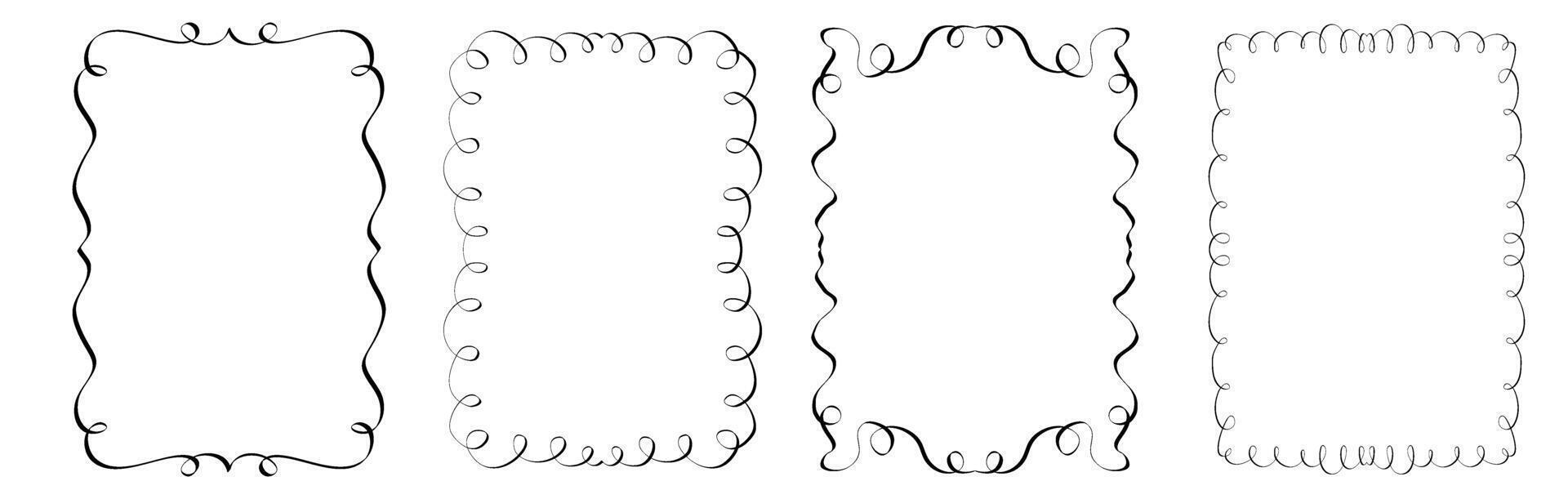 Set of whimsical hand drawn frames with wavy squiggle curly ribbons in trending vintage styles. Hand drawn decor elements. Great for invitations, greeting cards, posters, banners vector