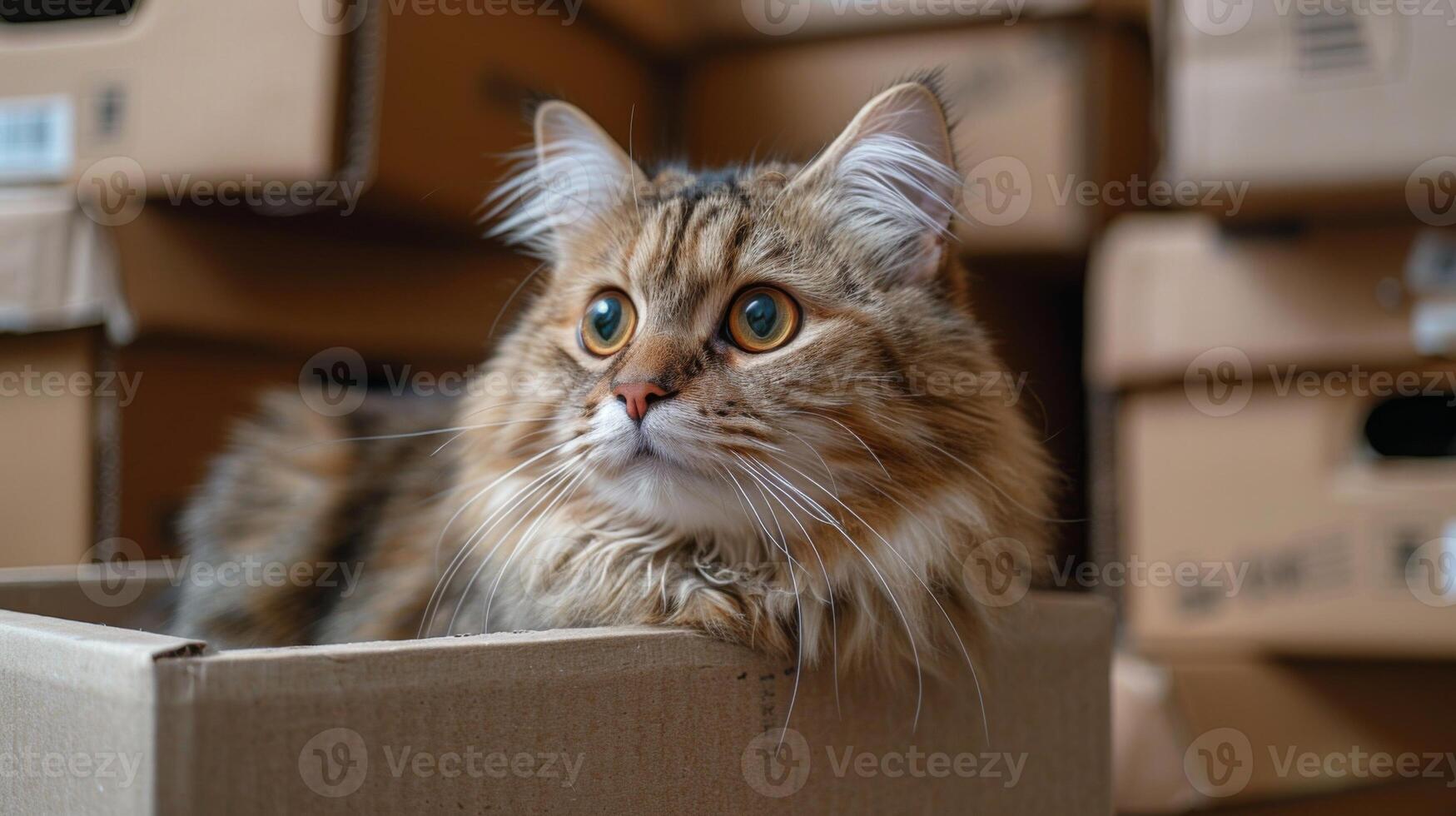 cat in box. Moving to new apartment. cat in the paper box. photo