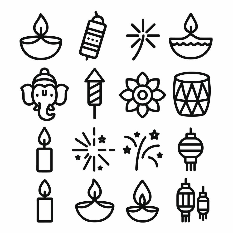 Minimalist Outline Diwali Icon Set with Traditional Elements and Symbol Collection vector