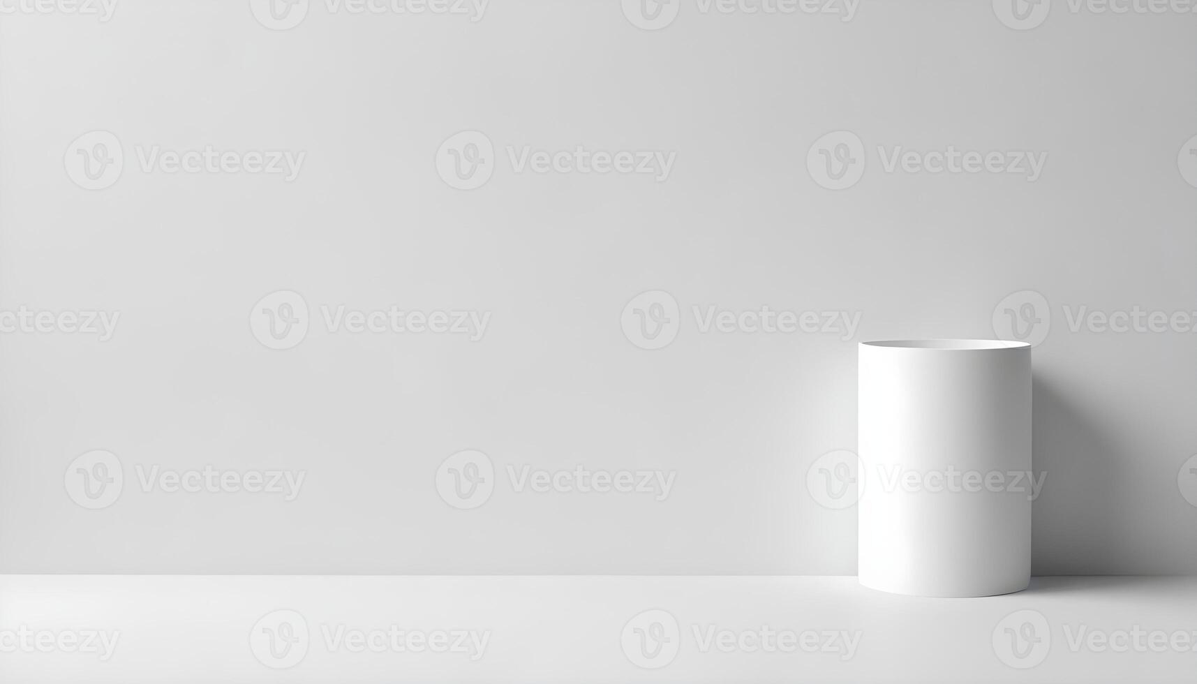 A white cylinder stands on a reflective surface in a minimalist studio setting with a clean background. photo