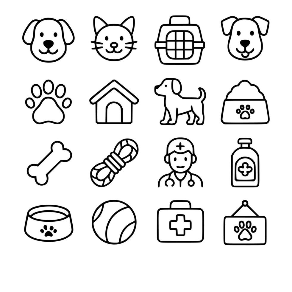 Simple Line Drawing Pet and Veterinary Related Icon Set Collection vector