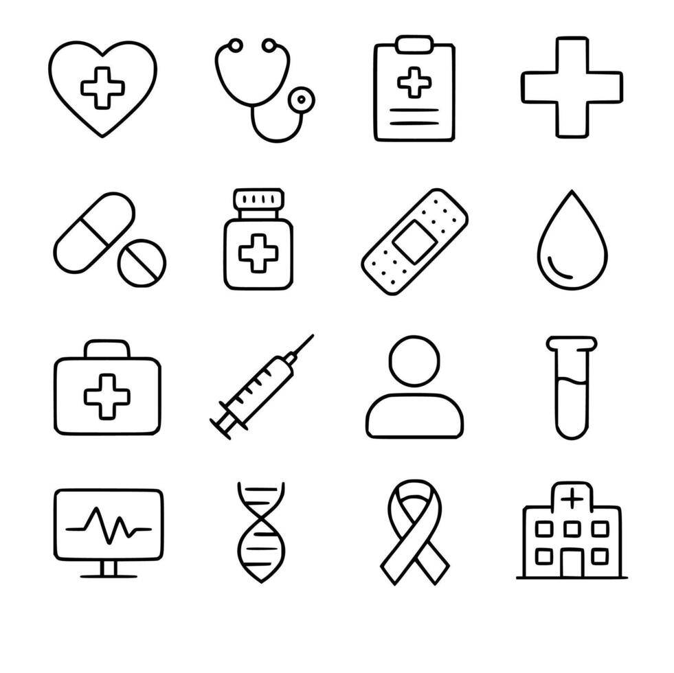 Simple Outline Healthcare and Medical Elements Line Icon Set Collection vector