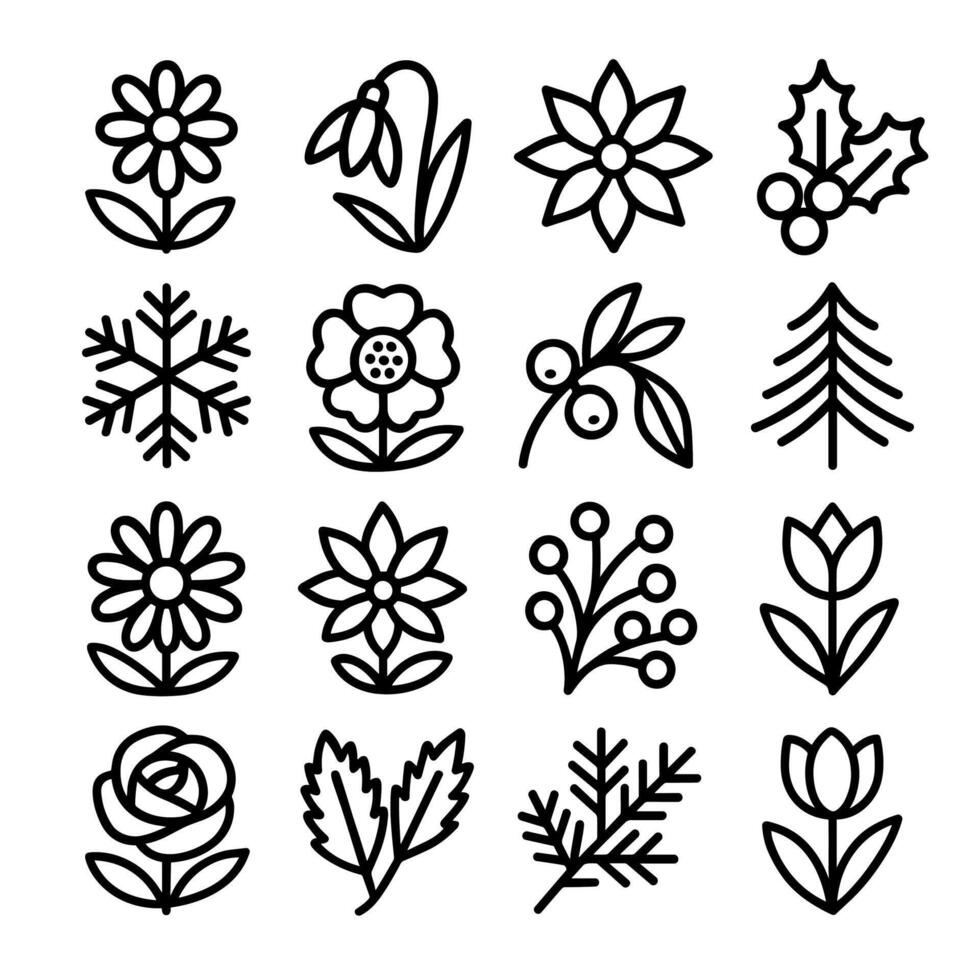 Minimalist Line Art Floral and Plant Set Handdrawn Botanical Icons vector