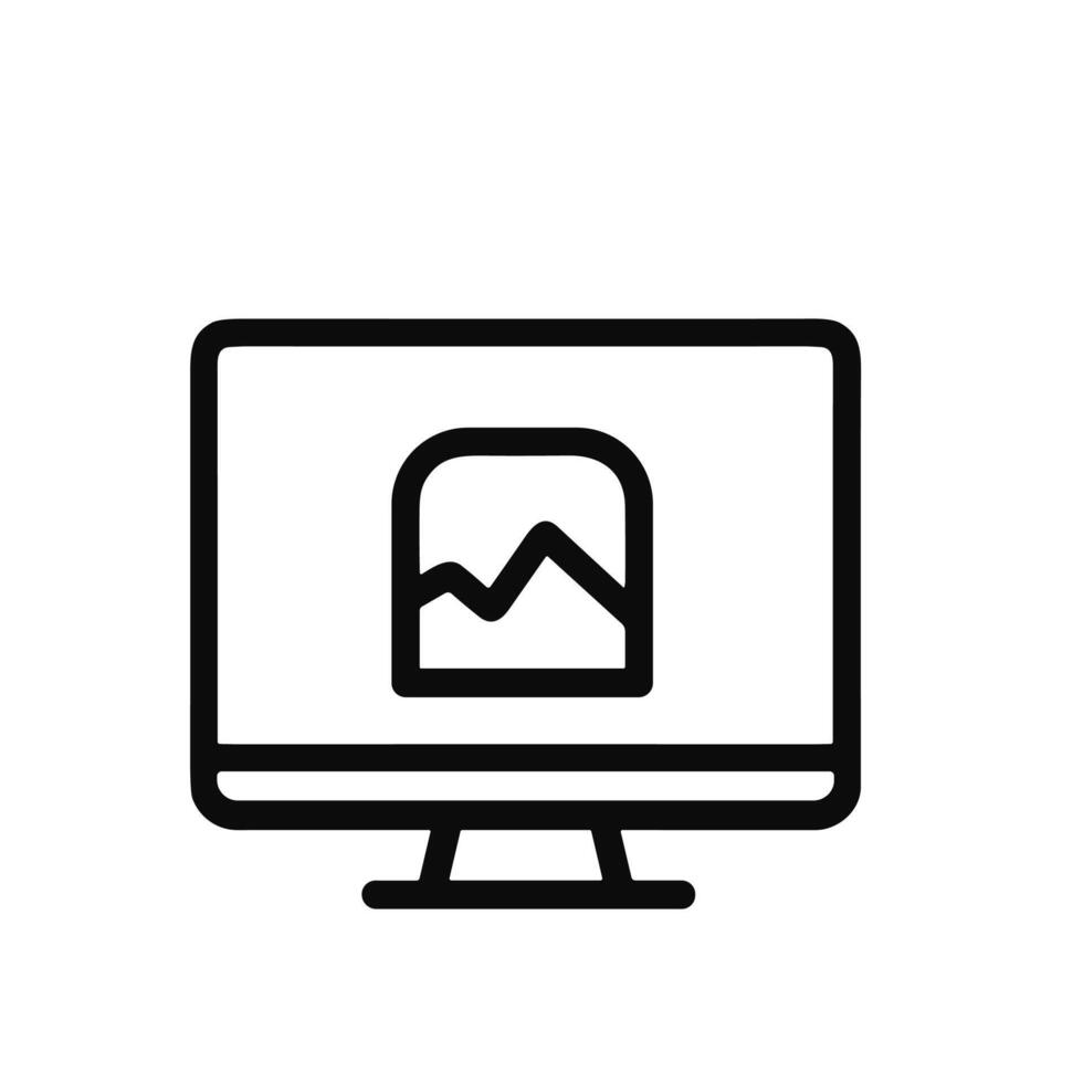 Minimalist Outline Computer Monitor Screen with Landscape Image Icon vector
