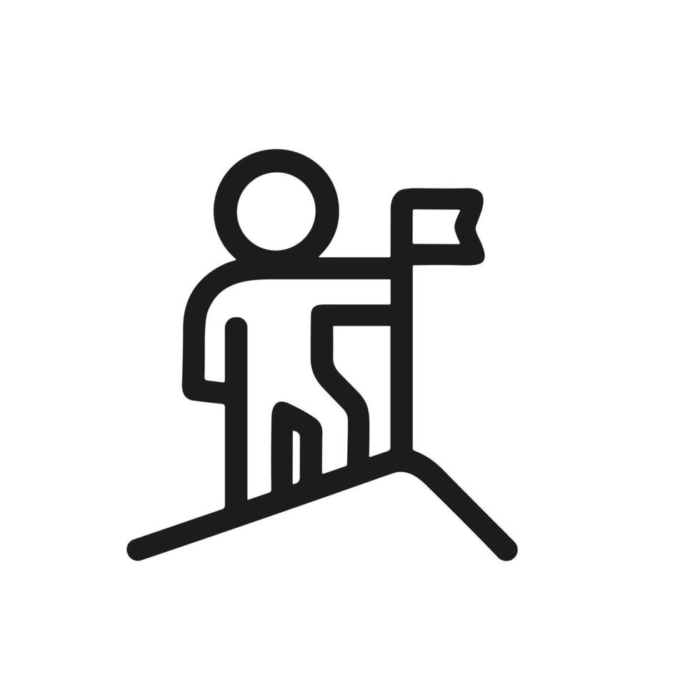 Outline Simple Stick Figure Reaching Goal on Mountain Top Icon vector