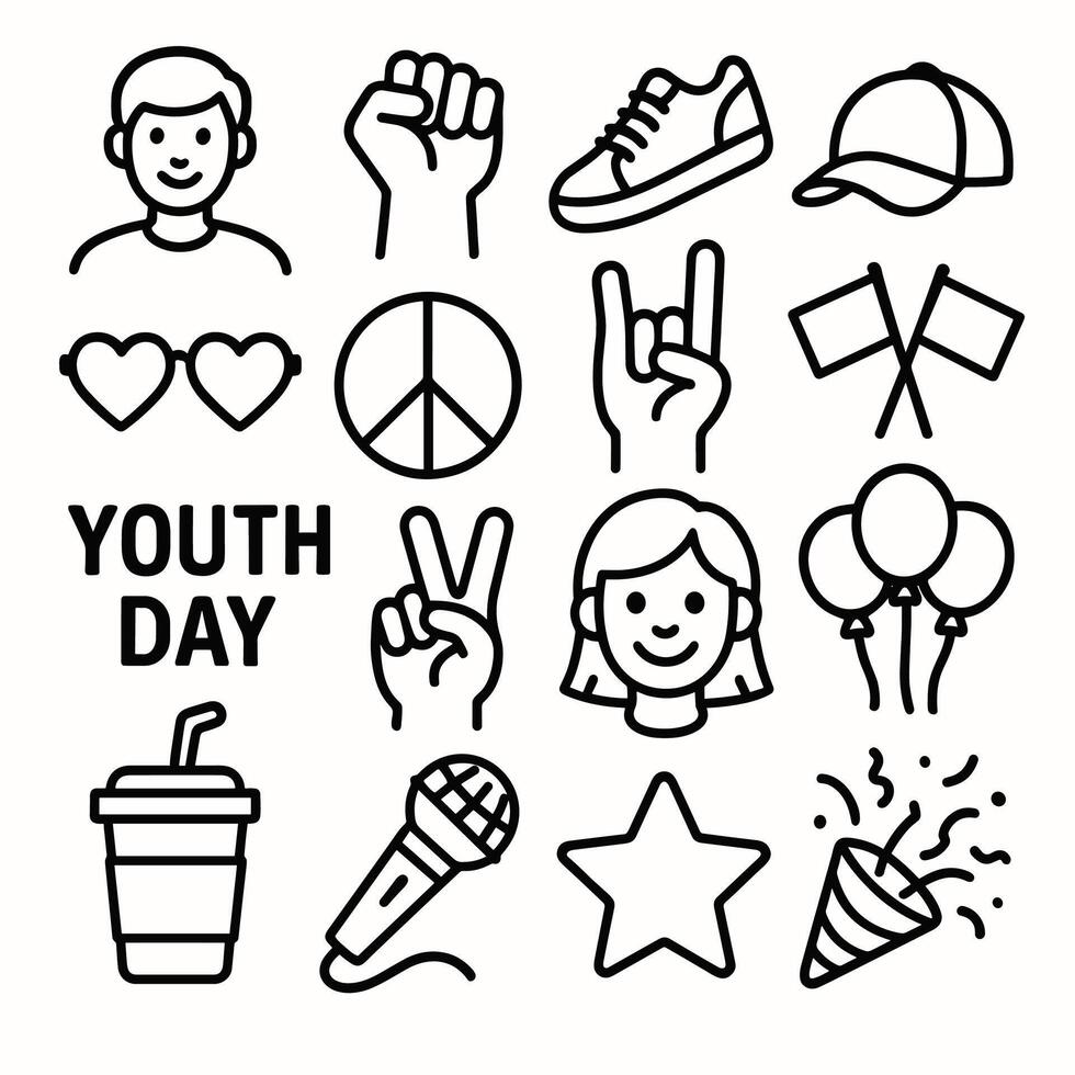 Black Line Minimalist Youth Day Element Icon Set on Isolated White vector