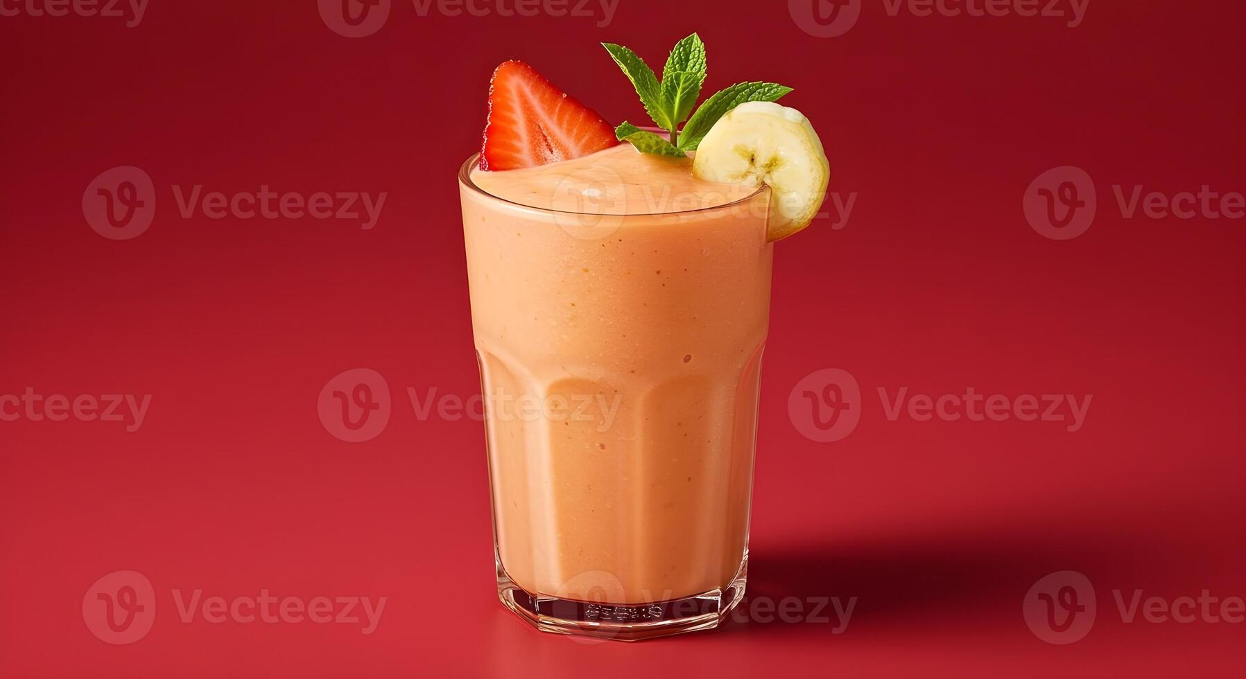 A vibrant smoothie garnished with strawberry, banana, and mint, presented in a tall glass. photo