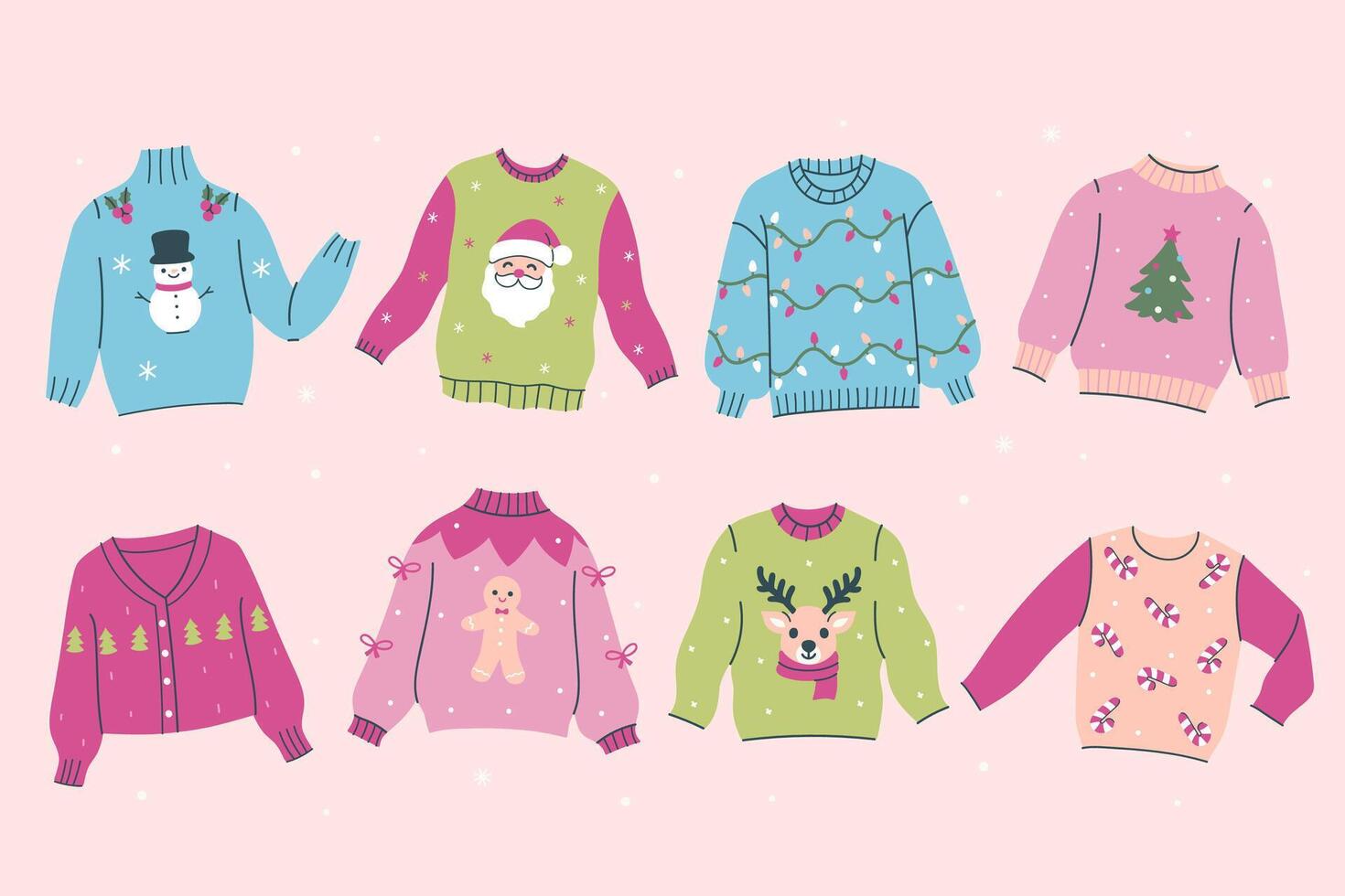 Set of Christmas ugly sweaters in pink, green and blue colors. graphics. vector