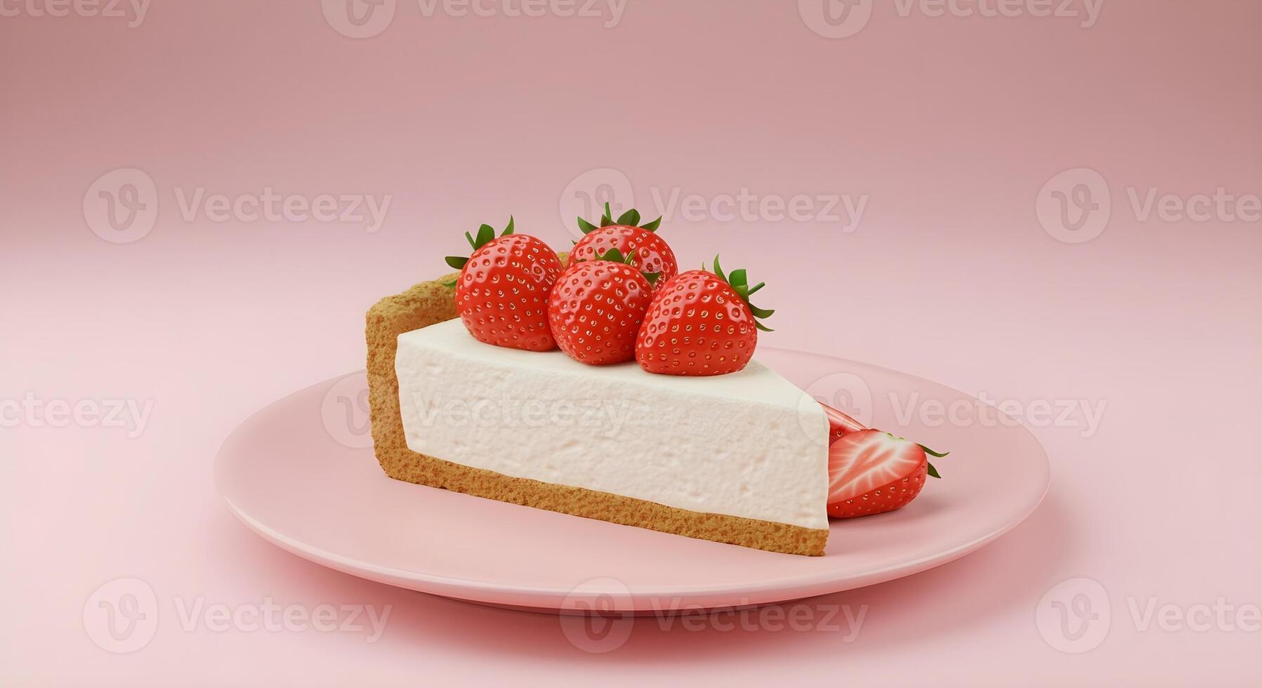 A single slice of cheesecake topped with fresh strawberries on a pink plate against a simple pink backdrop. photo