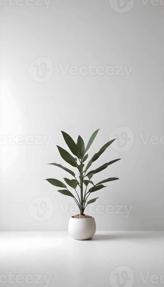A vibrant green plant in a white pot against a clean white backdrop, embodying modern design. photo