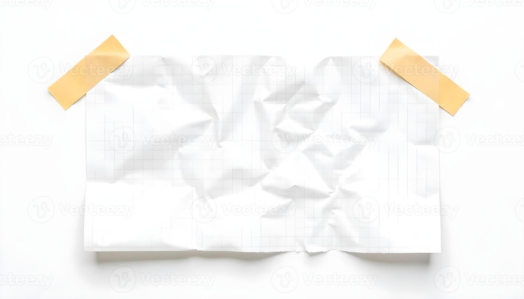 A crumpled graph paper, taped to a white surface, conveying a sense of discarded or used. photo