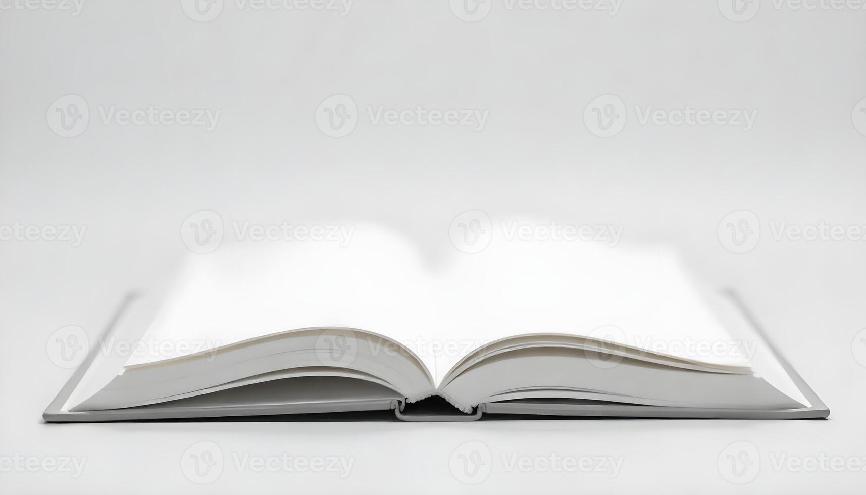 A close-up shot of an open book, showing blank pages with a white background. photo