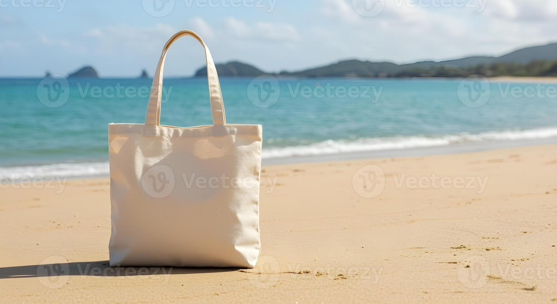 A blank tote bag on the beach, ready for your design, capturing the essence of summer and travel. photo