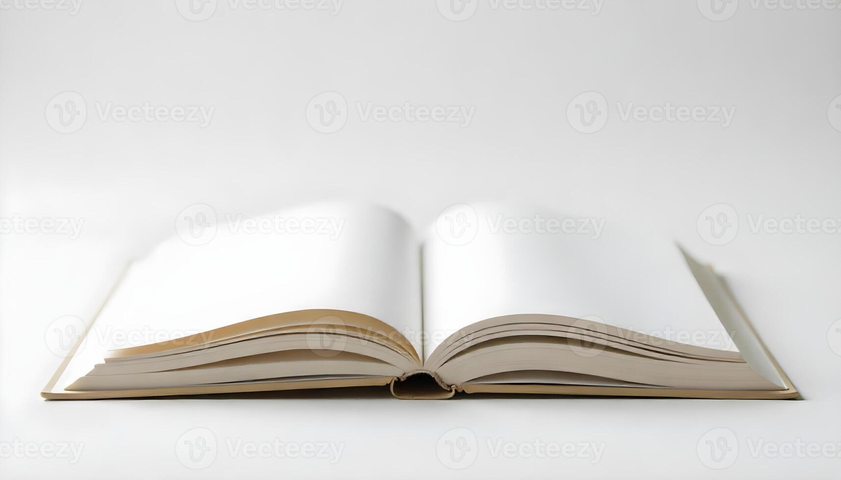 An open book with blank pages is seen on a white surface, ready for creative ideas. photo