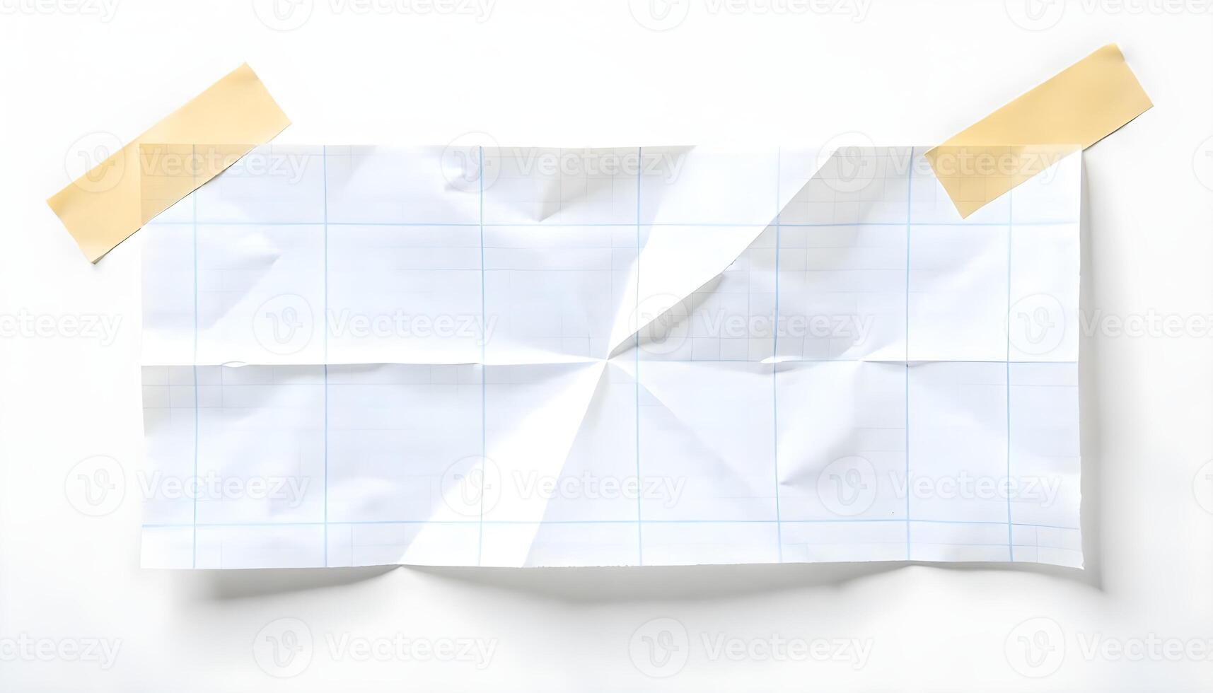 Crumpled graph paper, affixed with tape against a clean, white backdrop, perfect for ideas. photo
