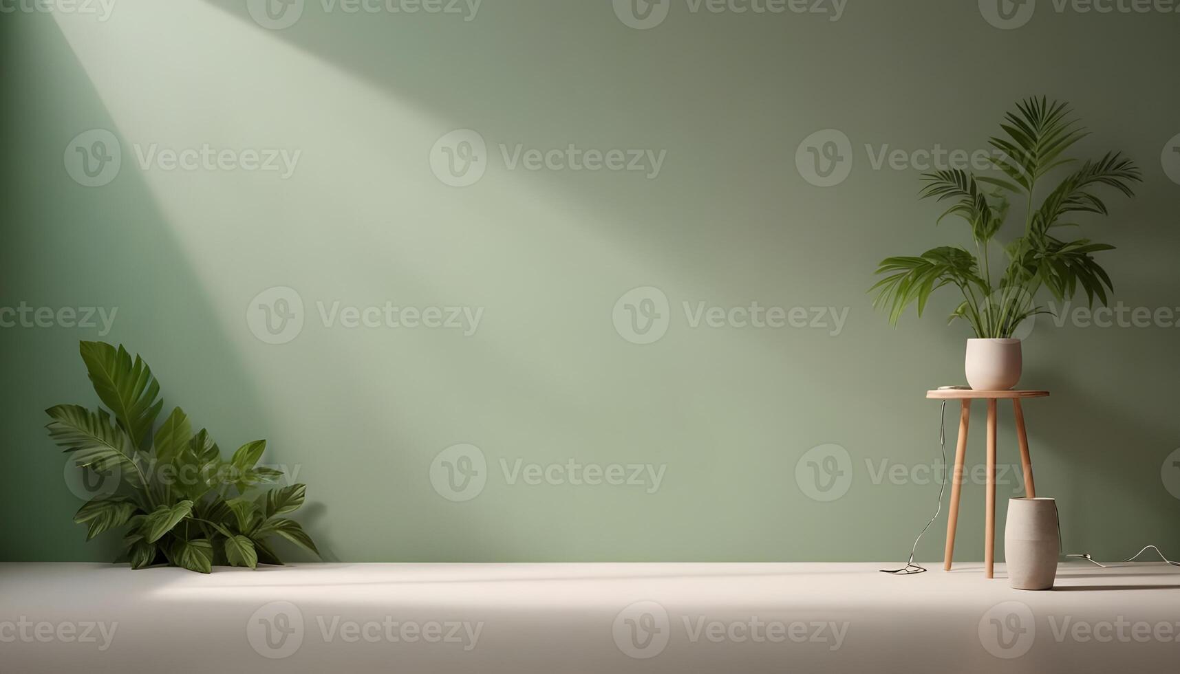 An indoor setting with lush greenery, ambient light, and a soft green backdrop, minimalist. photo