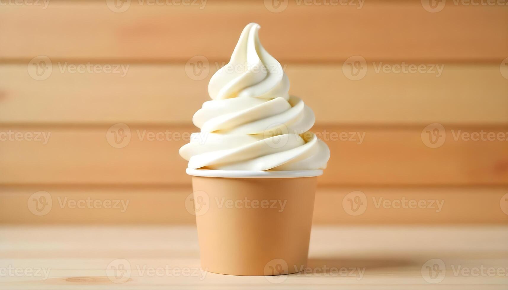A delightful swirl of vanilla soft-serve ice cream in a simple paper cup, ready to eat. photo