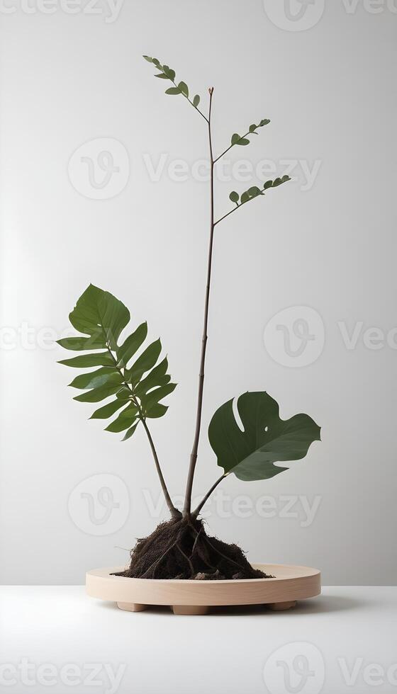 A carefully composed botanical scene displaying various plants in a wooden tray against a clean white backdrop. photo