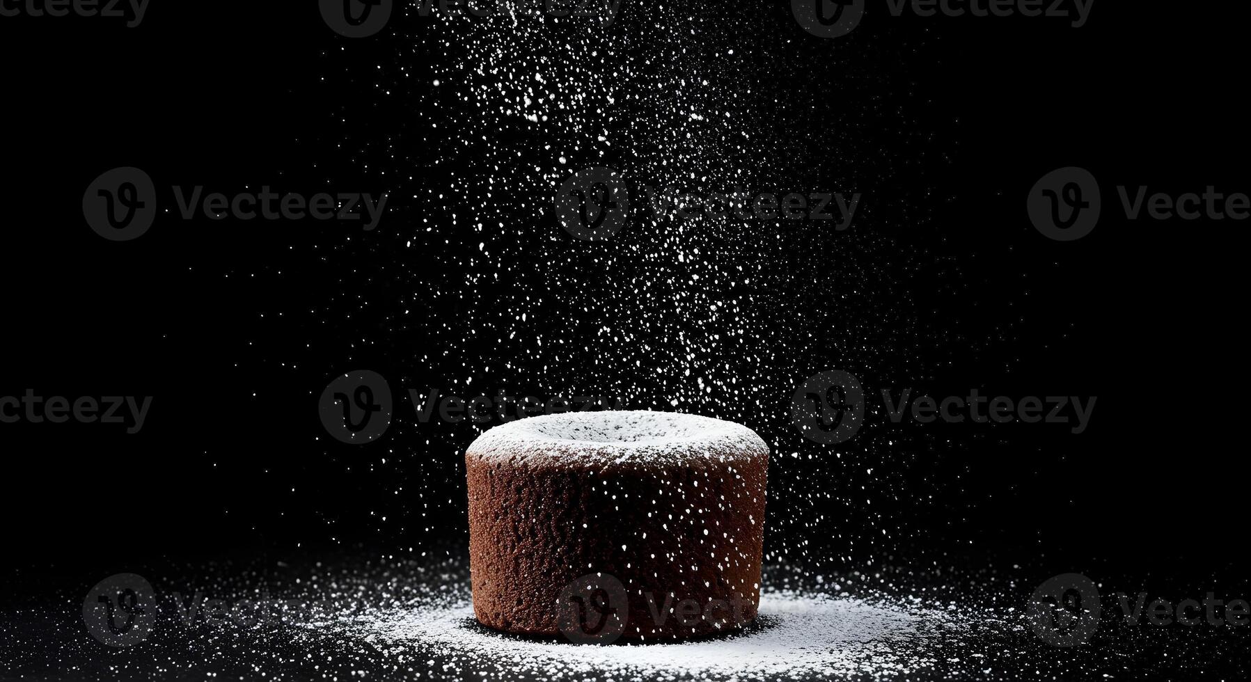 A single chocolate cake dusted with powdered sugar is set against a stark black backdrop. photo
