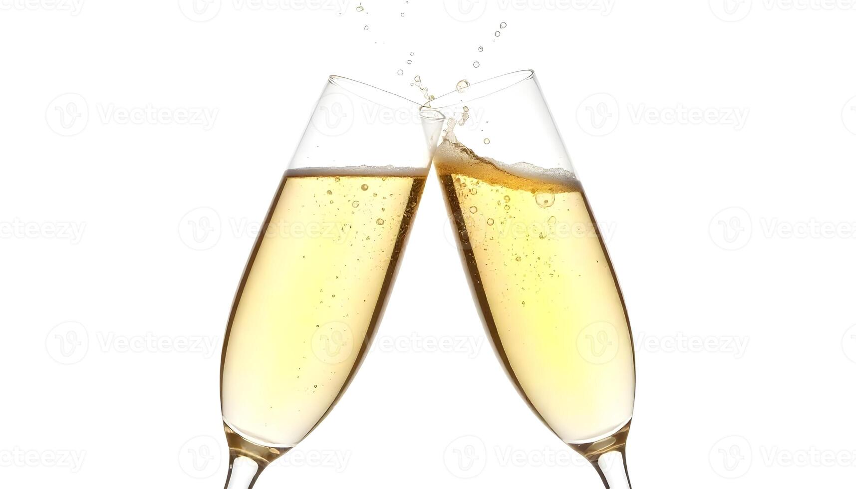 Two champagne flutes clink in celebration, creating a splash of bubbly effervescence, isolated on white. photo
