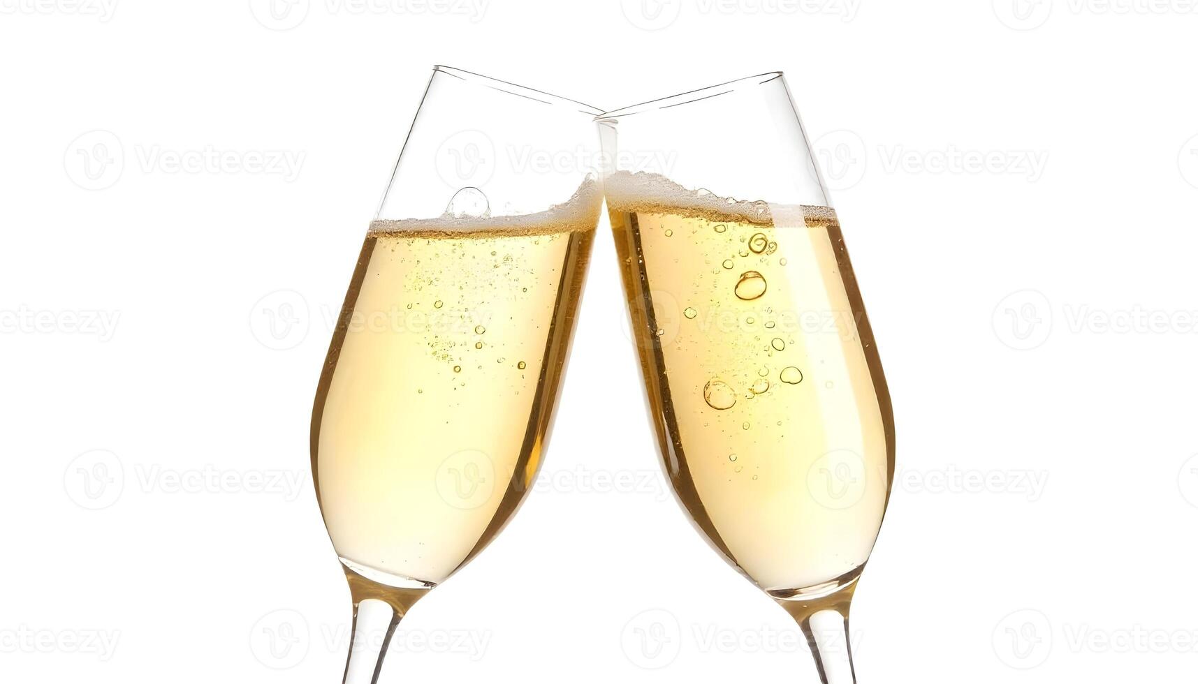 Two champagne glasses clinking in a celebratory toast against a bright, white background. photo